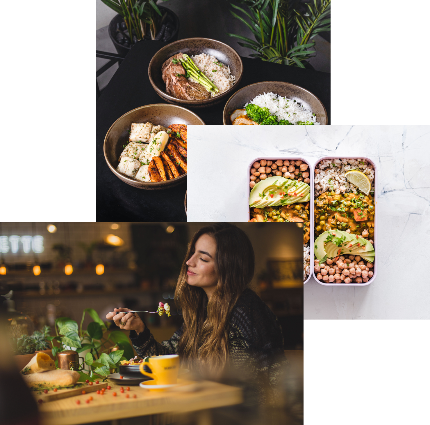 a Women enjoyin food , food in tiffine box, and food bowls in a table